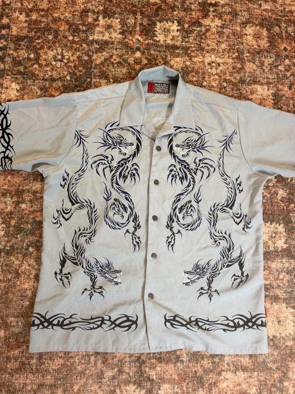 Men's Light Gray Dragon Print Button-Down Shirt by Psycho Bunny